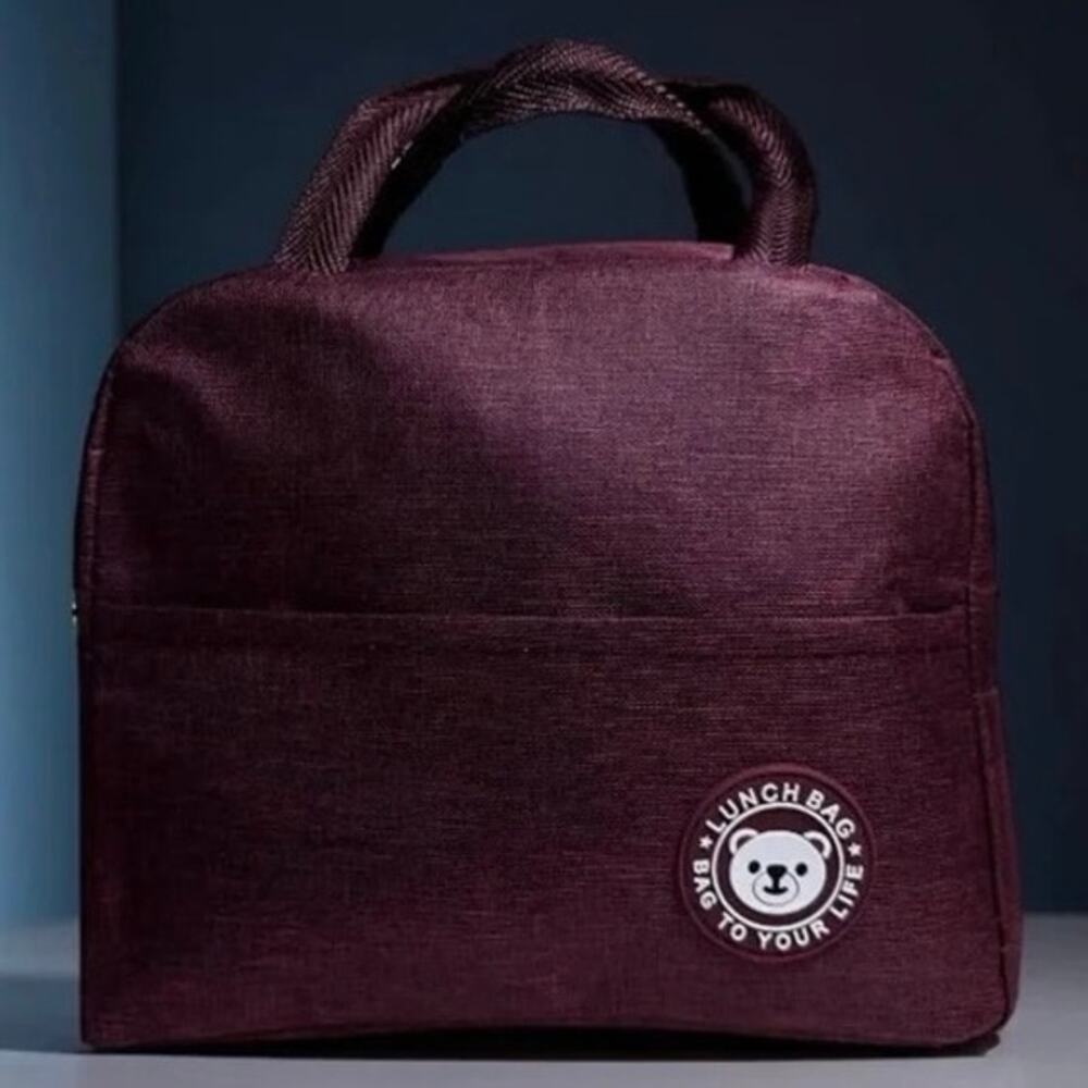 NEW Insulated Lunch Bag Burgundy Bear Logo Reusable Zip Closure Work School Tote